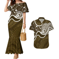 Aloha Hawaii Kalo Pikake Lei Couples Matching Mermaid Dress and Hawaiian Shirt Chest Tattoo Gold Hawaiian Pattern LT14 Gold - Polynesian Pride