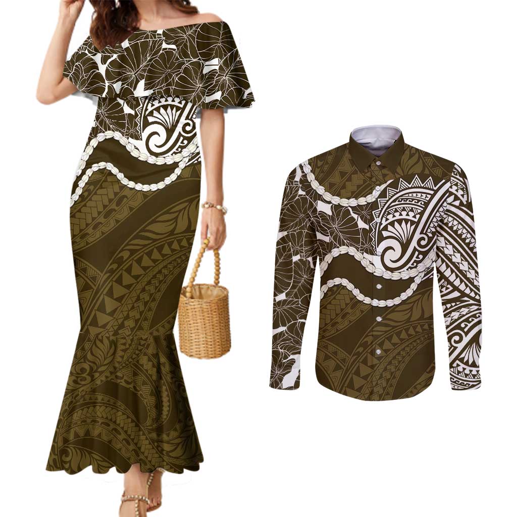 Aloha Hawaii Kalo Pikake Lei Couples Matching Mermaid Dress and Long Sleeve Button Shirt Chest Tattoo Gold Hawaiian Pattern