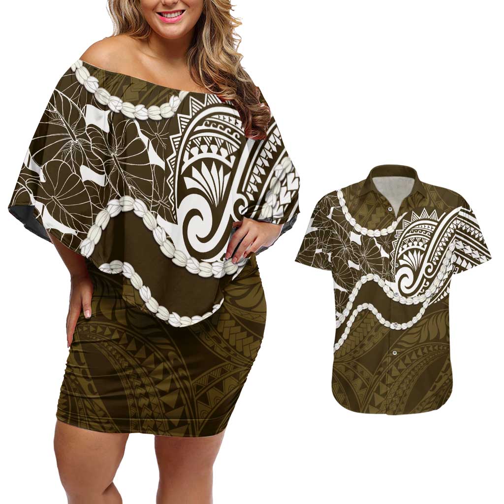 Aloha Hawaii Kalo Pikake Lei Couples Matching Off Shoulder Short Dress and Hawaiian Shirt Chest Tattoo Gold Hawaiian Pattern