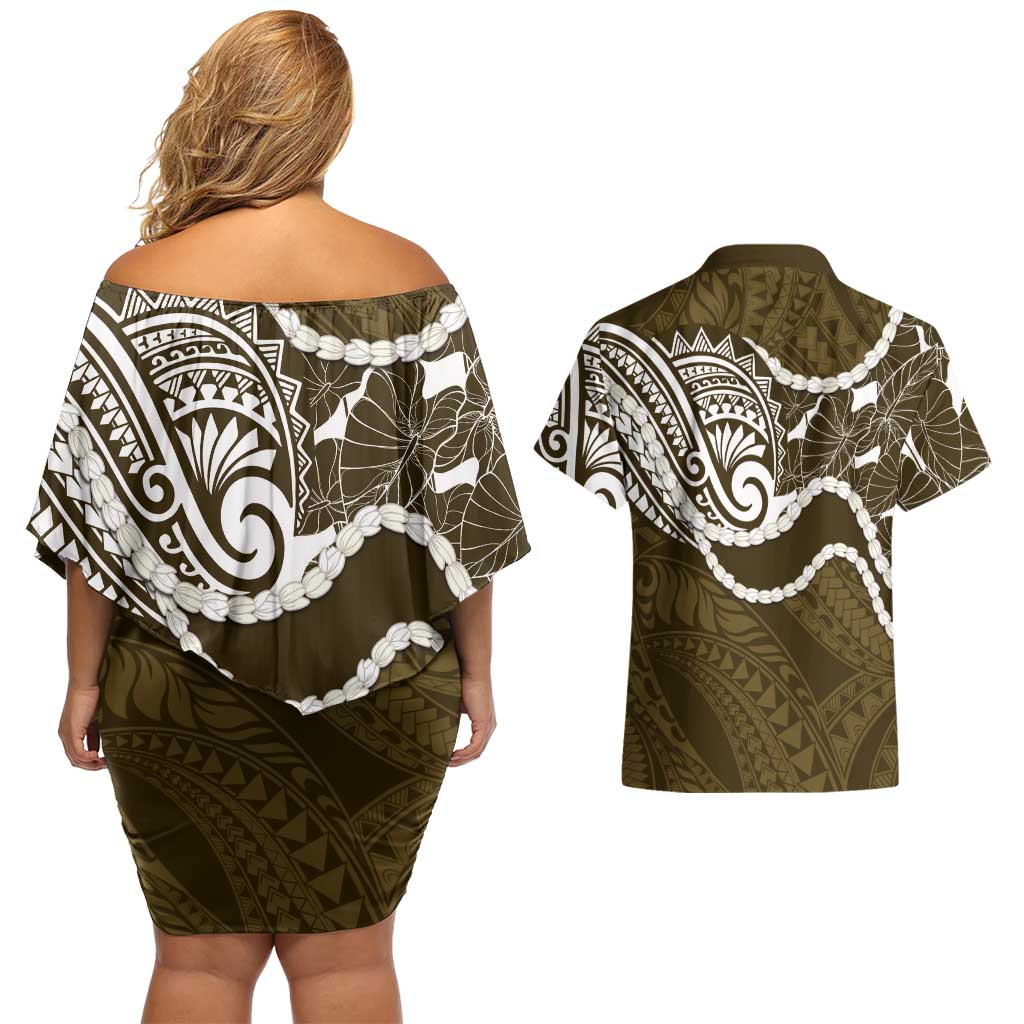Aloha Hawaii Kalo Pikake Lei Couples Matching Off Shoulder Short Dress and Hawaiian Shirt Chest Tattoo Gold Hawaiian Pattern LT14 - Polynesian Pride