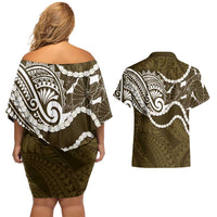 Aloha Hawaii Kalo Pikake Lei Couples Matching Off Shoulder Short Dress and Hawaiian Shirt Chest Tattoo Gold Hawaiian Pattern LT14 - Polynesian Pride
