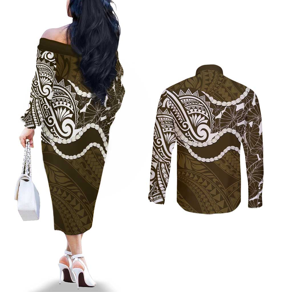 Aloha Hawaii Kalo Pikake Lei Couples Matching Off The Shoulder Long Sleeve Dress and Long Sleeve Button Shirt Chest Tattoo Gold Hawaiian Pattern LT14 - Polynesian Pride