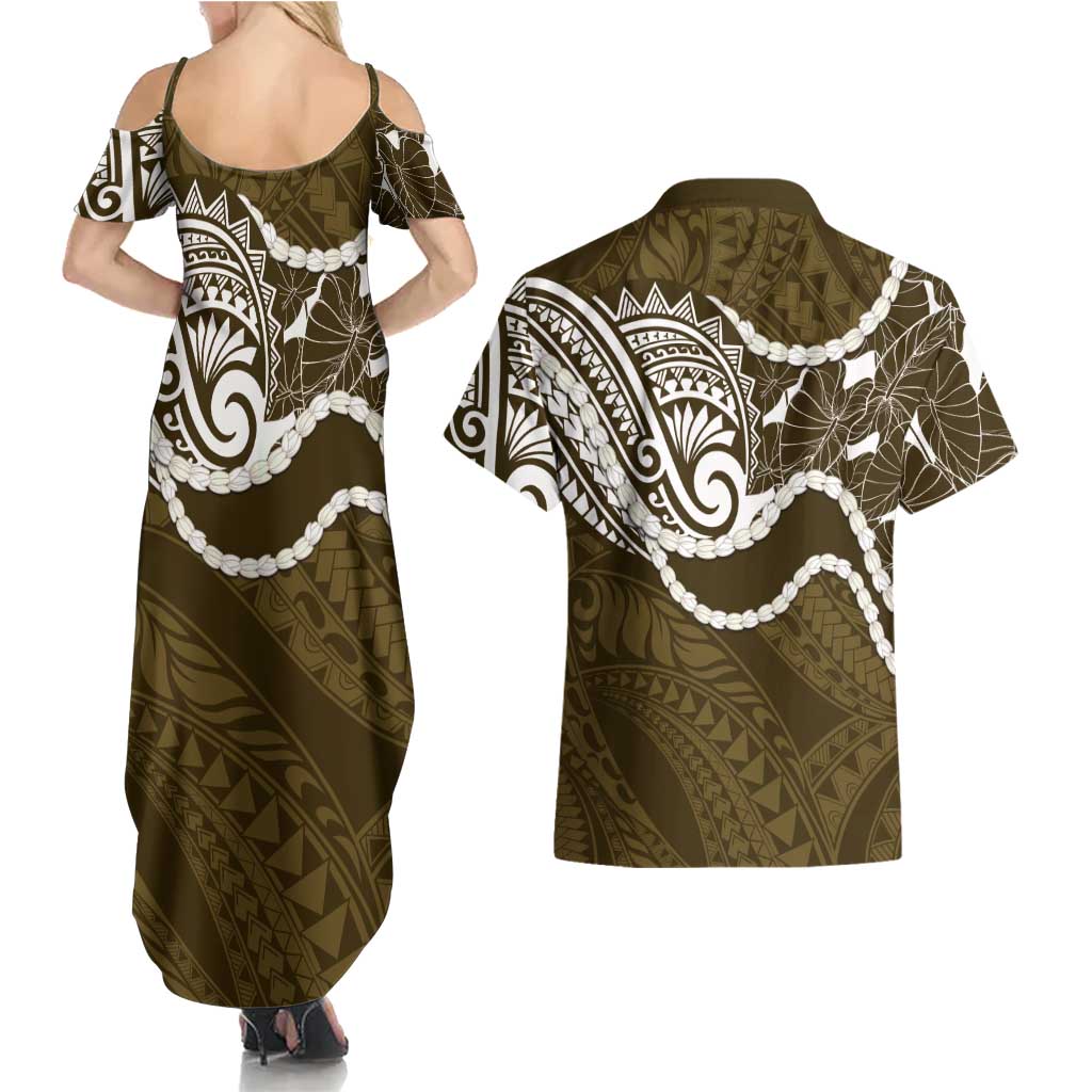 Aloha Hawaii Kalo Pikake Lei Couples Matching Summer Maxi Dress and Hawaiian Shirt Chest Tattoo Gold Hawaiian Pattern