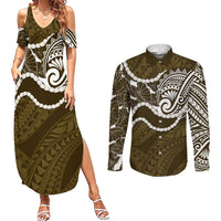 Aloha Hawaii Kalo Pikake Lei Couples Matching Summer Maxi Dress and Long Sleeve Button Shirt Chest Tattoo Gold Hawaiian Pattern LT14 Gold - Polynesian Pride
