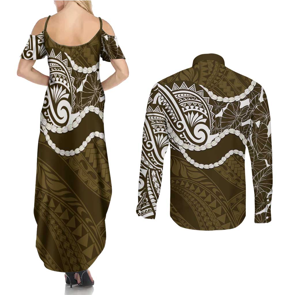 Aloha Hawaii Kalo Pikake Lei Couples Matching Summer Maxi Dress and Long Sleeve Button Shirt Chest Tattoo Gold Hawaiian Pattern LT14 - Polynesian Pride