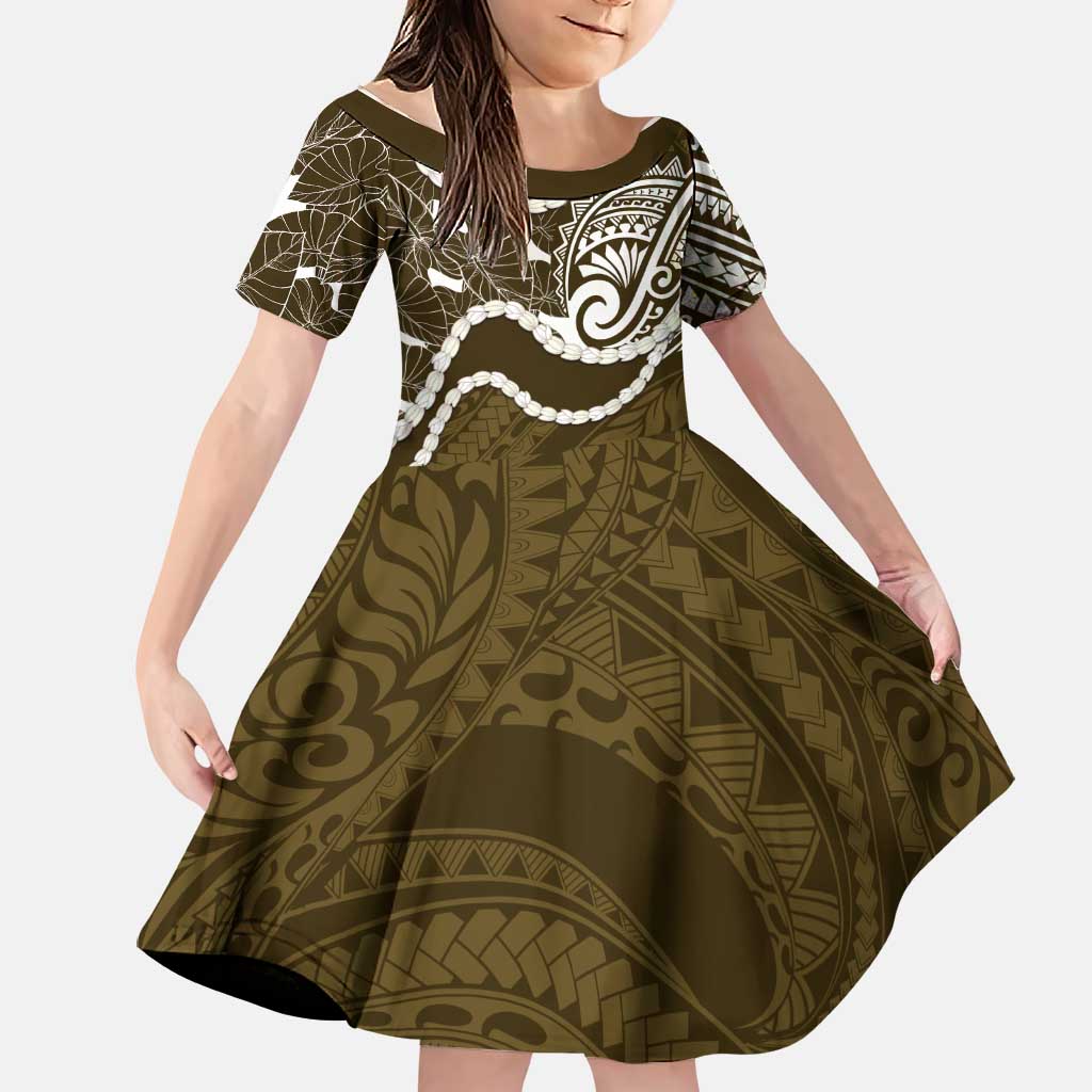 Aloha Hawaii Kalo Pikake Lei Family Matching Long Sleeve Bodycon Dress and Hawaiian Shirt Chest Tattoo Gold Hawaiian Pattern LT14 Daughter's Dress Gold - Polynesian Pride