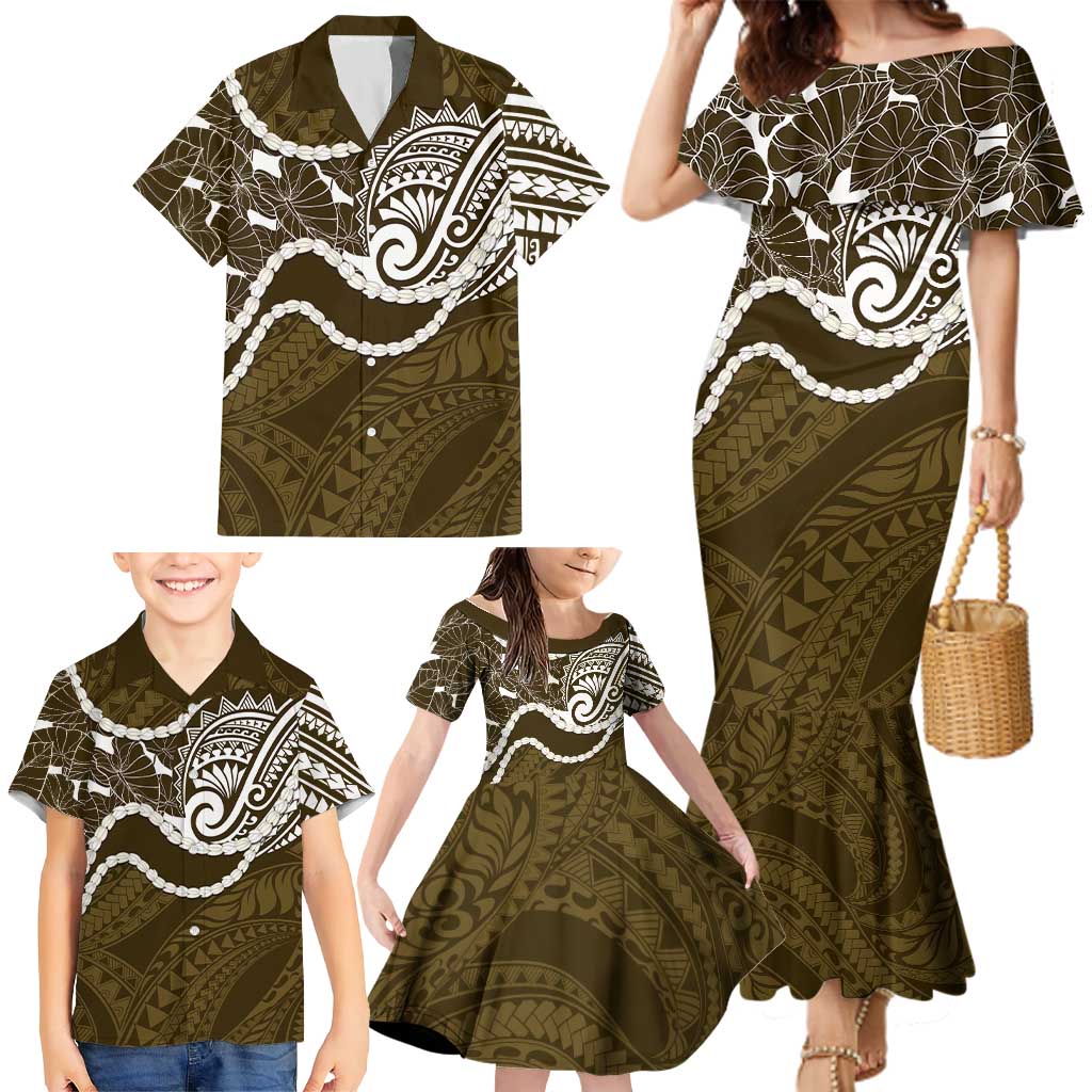 Aloha Hawaii Kalo Pikake Lei Family Matching Mermaid Dress and Hawaiian Shirt Chest Tattoo Gold Hawaiian Pattern