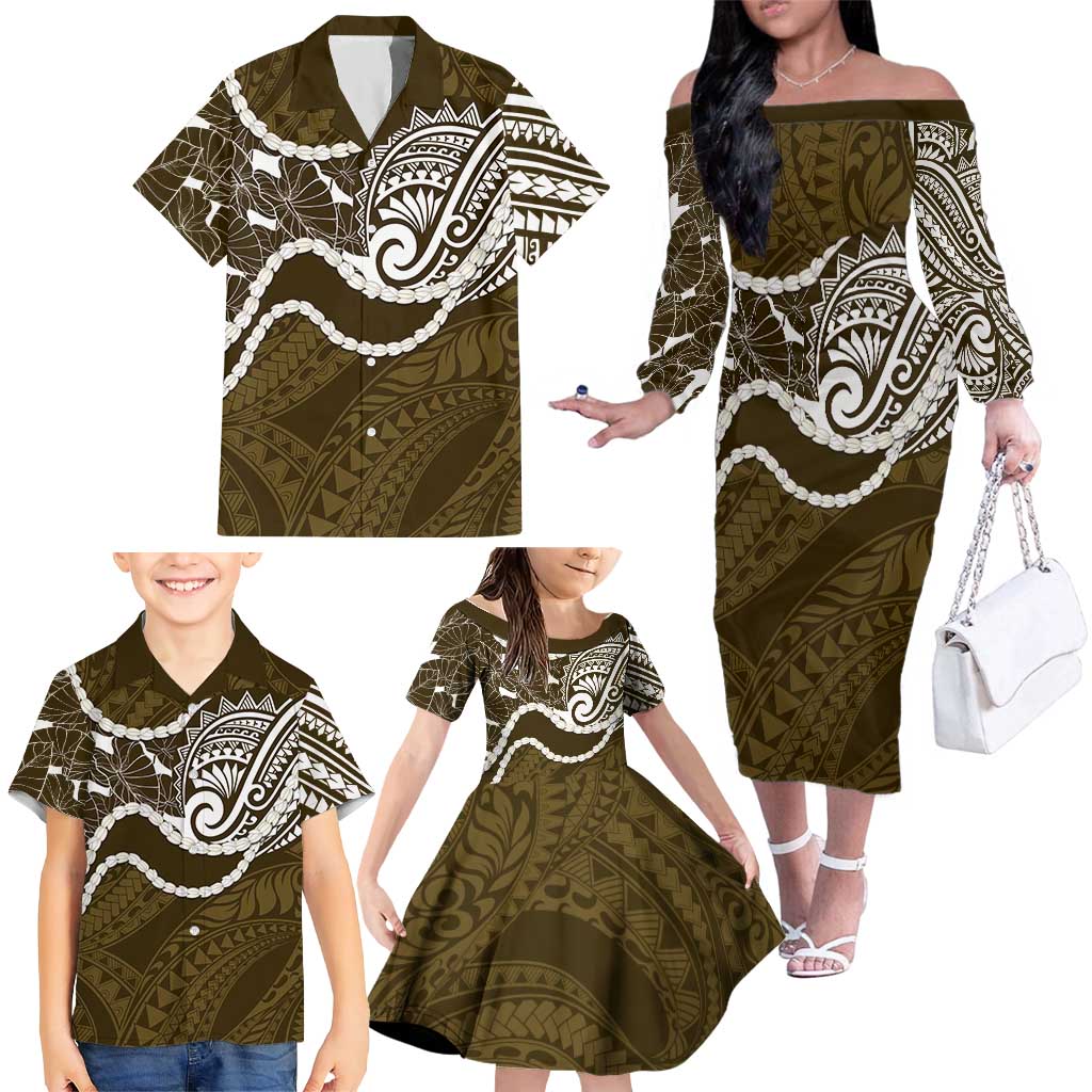 Aloha Hawaii Kalo Pikake Lei Family Matching Off The Shoulder Long Sleeve Dress and Hawaiian Shirt Chest Tattoo Gold Hawaiian Pattern