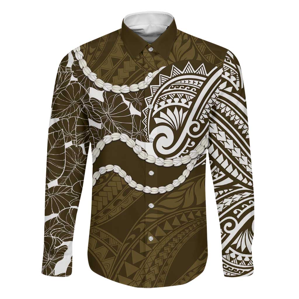 Aloha Hawaii Kalo Pikake Lei Family Matching Off The Shoulder Long Sleeve Dress and Hawaiian Shirt Chest Tattoo Gold Hawaiian Pattern LT14 Dad's Shirt - Long Sleeve Gold - Polynesian Pride