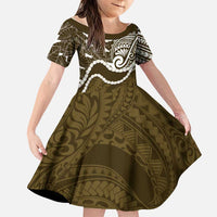Aloha Hawaii Kalo Pikake Lei Family Matching Off Shoulder Short Dress and Hawaiian Shirt Chest Tattoo Gold Hawaiian Pattern LT14 Daughter's Dress Gold - Polynesian Pride