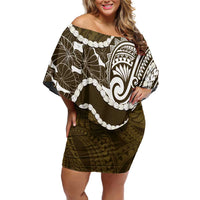 Aloha Hawaii Kalo Pikake Lei Family Matching Off Shoulder Short Dress and Hawaiian Shirt Chest Tattoo Gold Hawaiian Pattern LT14 Mom's Dress Gold - Polynesian Pride