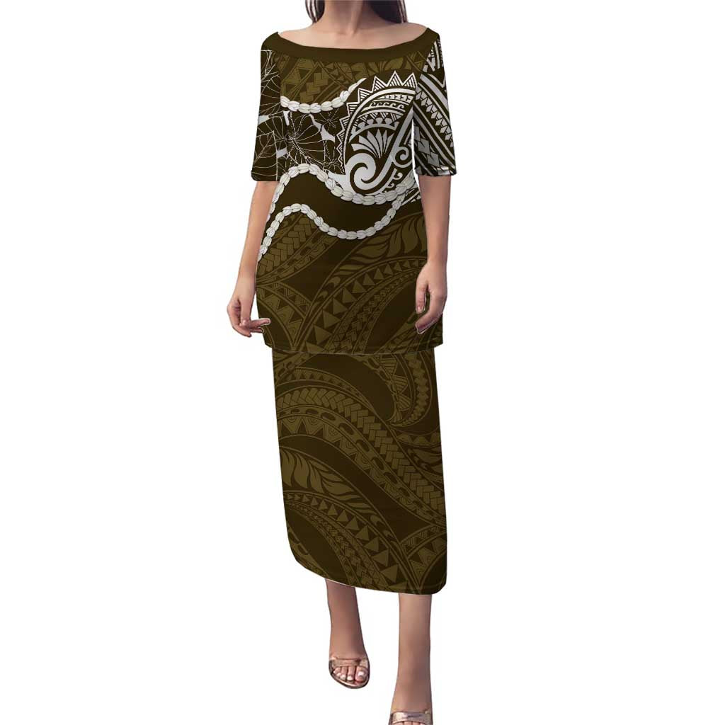 Aloha Hawaii Kalo Pikake Lei Family Matching Puletasi and Hawaiian Shirt Chest Tattoo Gold Hawaiian Pattern LT14 Mom's Dress Gold - Polynesian Pride