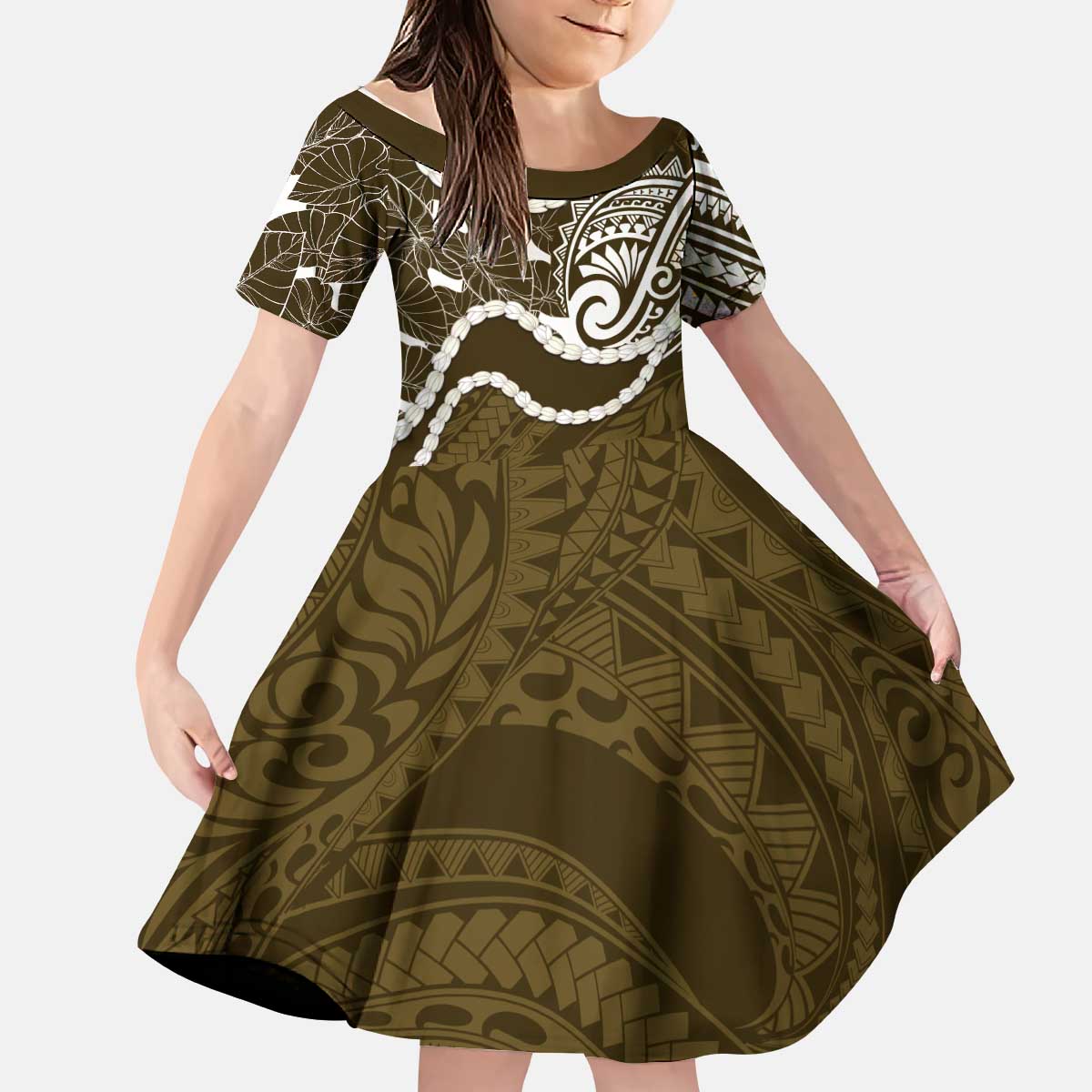 Aloha Hawaii Kalo Pikake Lei Kid Short Sleeve Dress Chest Tattoo Gold Hawaiian Pattern