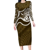 Aloha Hawaii Kalo Pikake Lei Long Sleeve Bodycon Dress Chest Tattoo Gold Hawaiian Pattern
