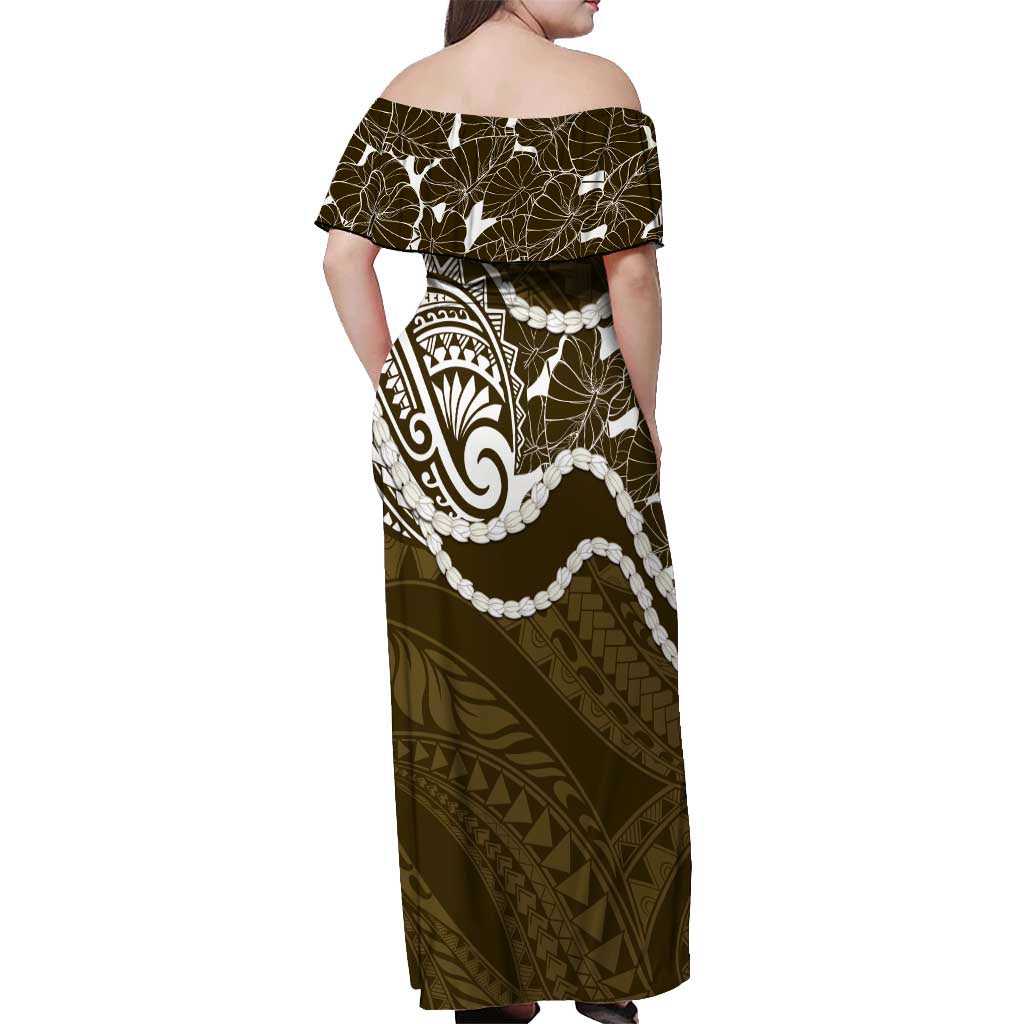 Aloha Hawaii Kalo Pikake Lei Off Shoulder Maxi Dress Chest Tattoo Gold Hawaiian Pattern