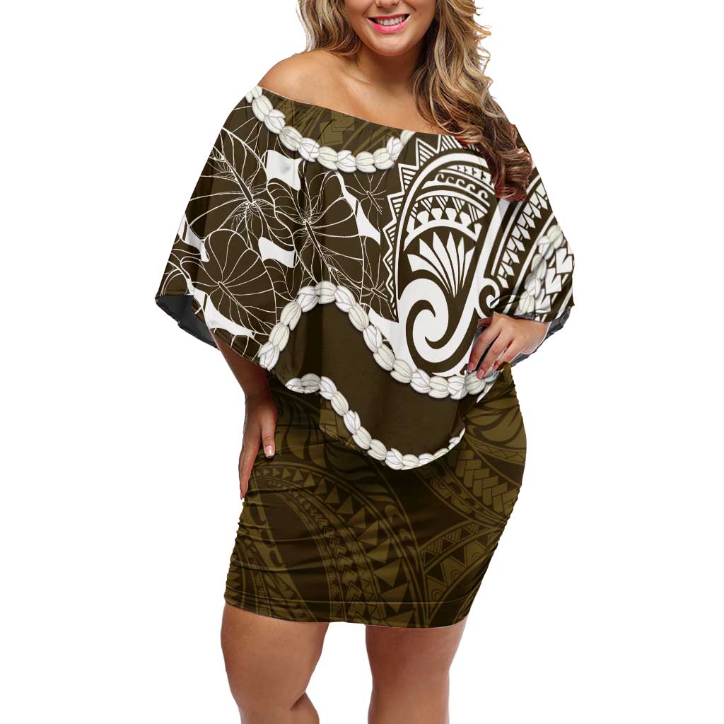 Aloha Hawaii Kalo Pikake Lei Off Shoulder Short Dress Chest Tattoo Gold Hawaiian Pattern