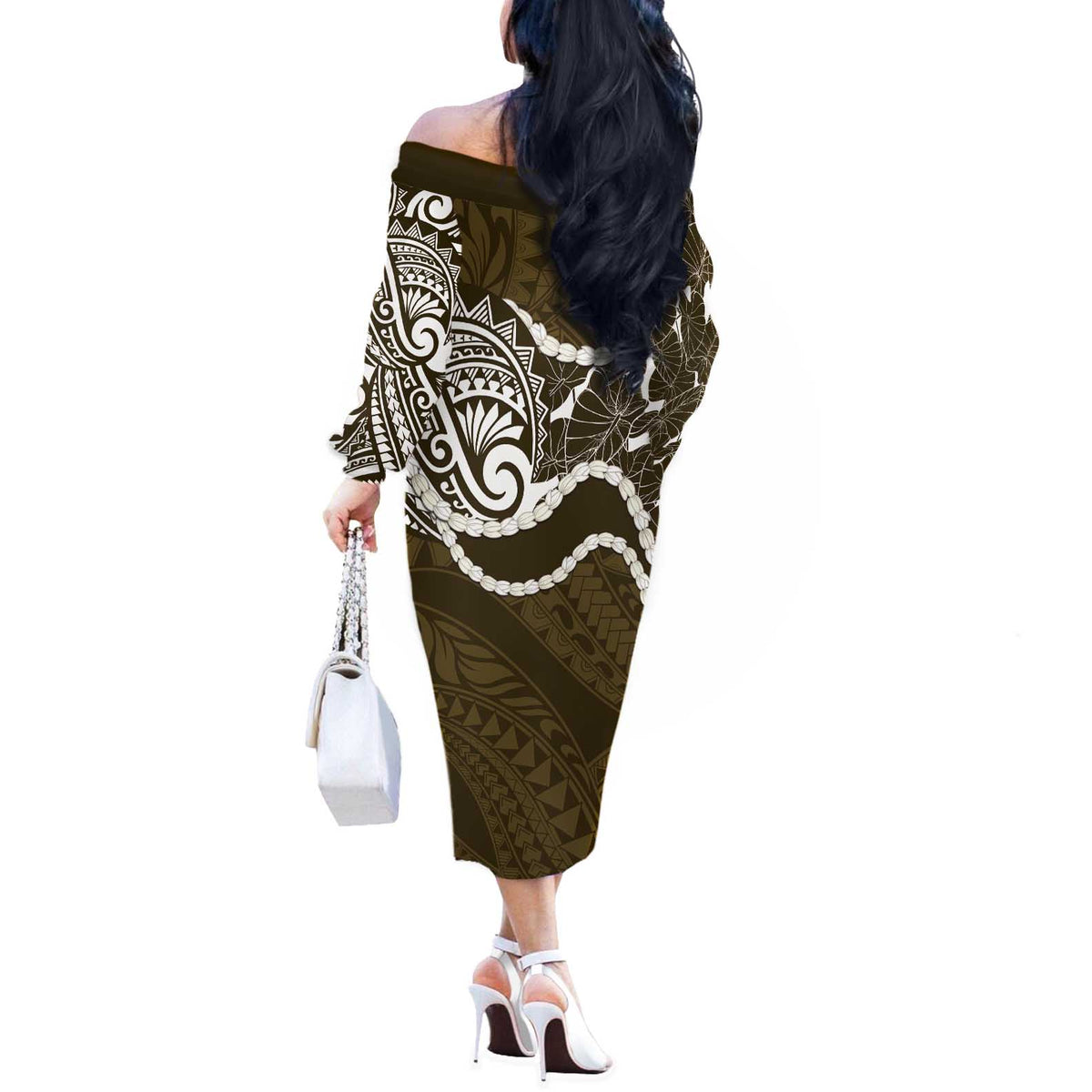 Aloha Hawaii Kalo Pikake Lei Off The Shoulder Long Sleeve Dress Chest Tattoo Gold Hawaiian Pattern