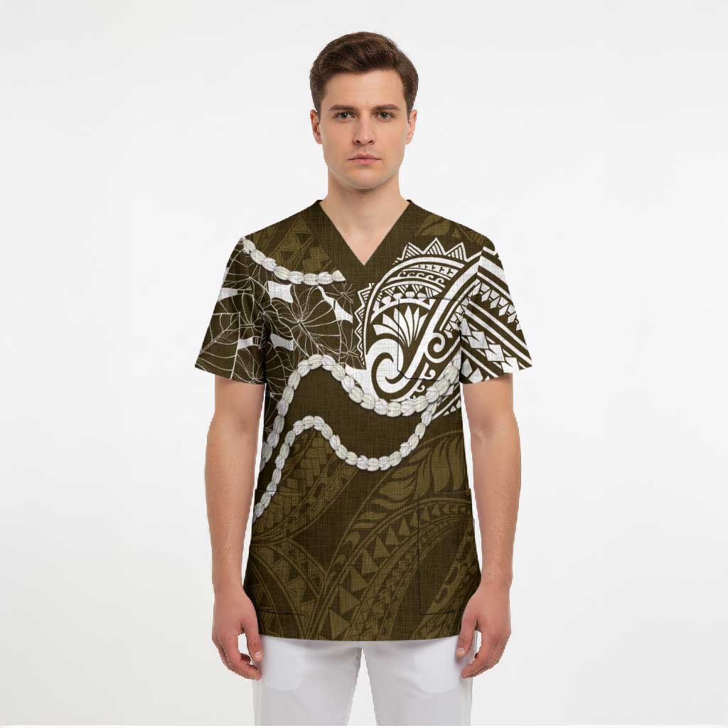 Aloha Hawaii Kalo Pikake Lei Scrub Top Chest Tattoo Gold Hawaiian Pattern
