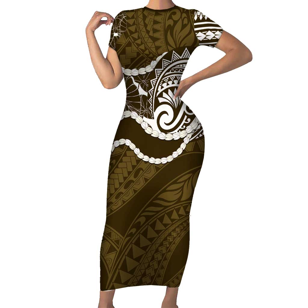 Aloha Hawaii Kalo Pikake Lei Short Sleeve Bodycon Dress Chest Tattoo Gold Hawaiian Pattern