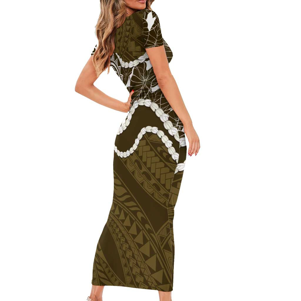 Aloha Hawaii Kalo Pikake Lei Short Sleeve Bodycon Dress Chest Tattoo Gold Hawaiian Pattern