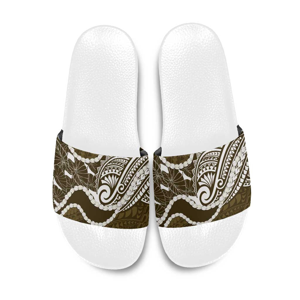Aloha Hawaii Kalo Pikake Lei Slide Sandals Chest Tattoo Gold Hawaiian Pattern