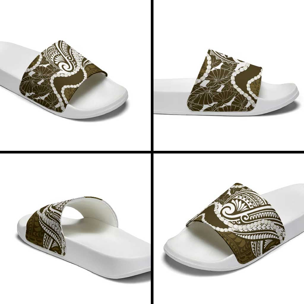 Aloha Hawaii Kalo Pikake Lei Slide Sandals Chest Tattoo Gold Hawaiian Pattern
