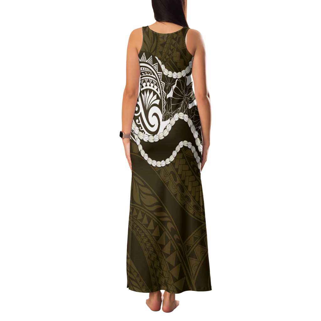 Aloha Hawaii Kalo Pikake Lei Tank Maxi Dress Chest Tattoo Gold Hawaiian Pattern