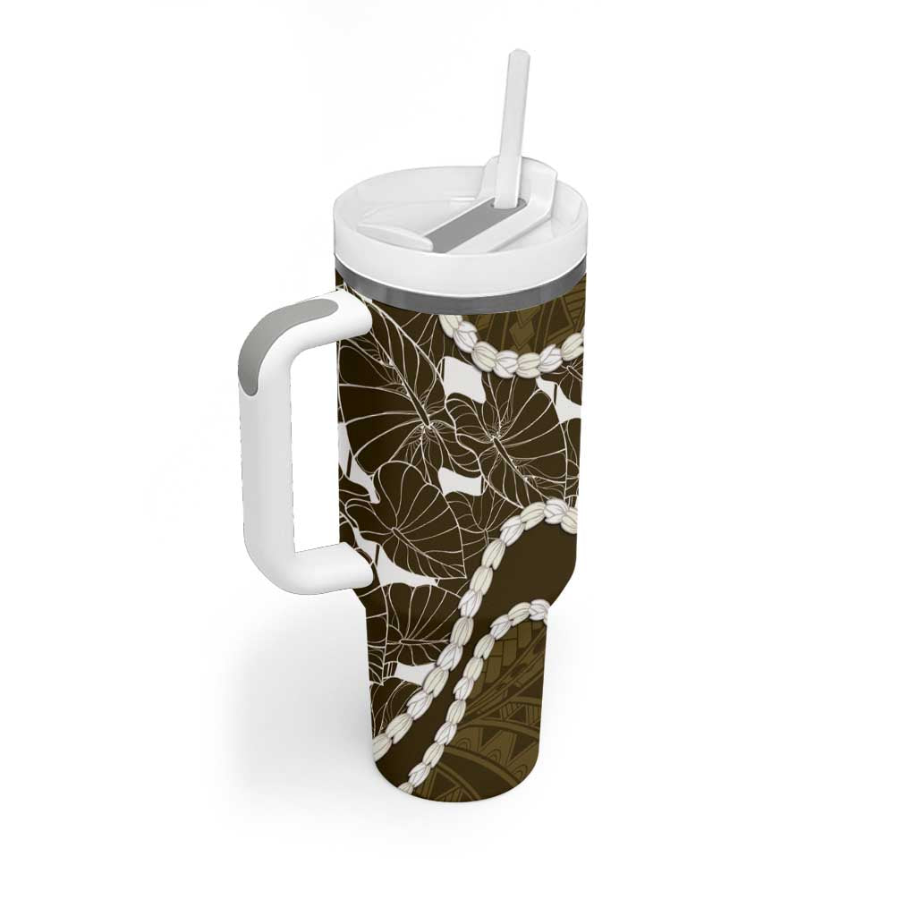 Aloha Hawaii Kalo Pikake Lei Tumbler With Handle Chest Tattoo Gold Hawaiian Pattern