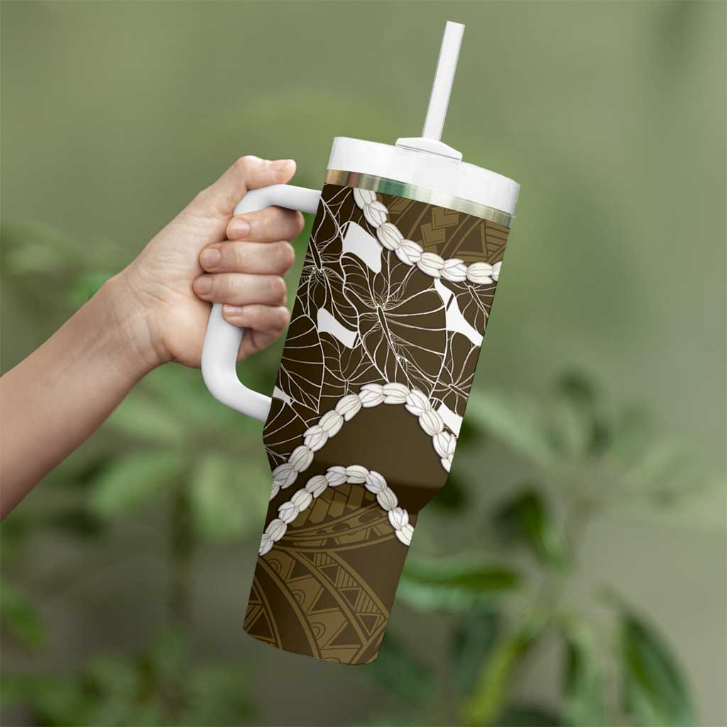 Aloha Hawaii Kalo Pikake Lei Tumbler With Handle Chest Tattoo Gold Hawaiian Pattern