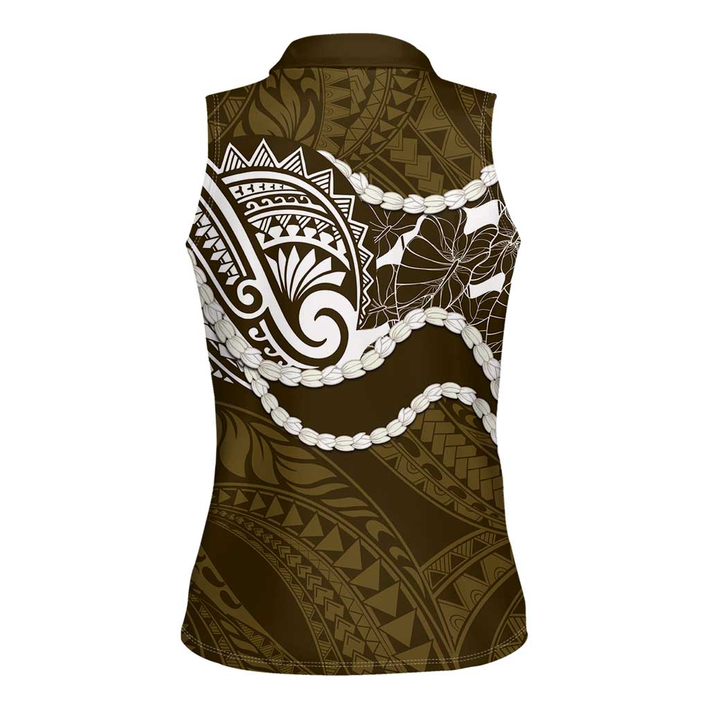 Aloha Hawaii Kalo Pikake Lei Women Sleeveless Polo Shirt Chest Tattoo Gold Hawaiian Pattern