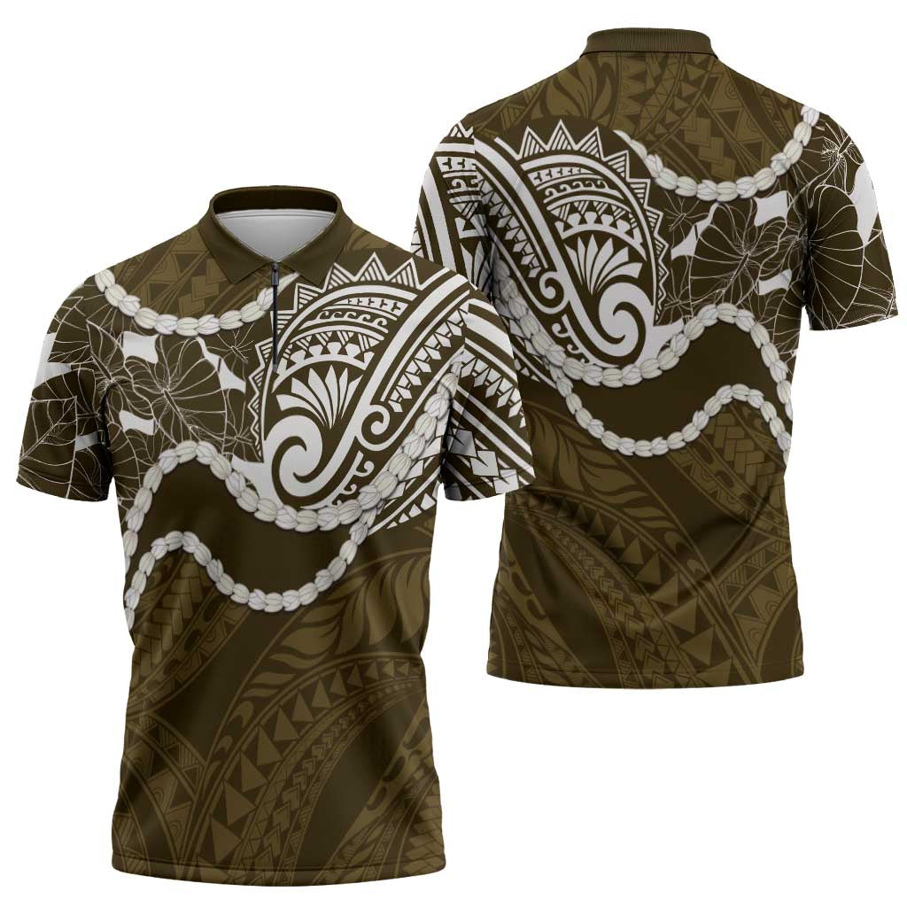 Aloha Hawaii Kalo Pikake Lei Zipper Polo Shirt Chest Tattoo Gold Hawaiian Pattern