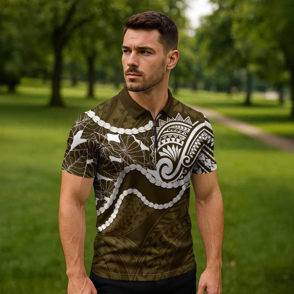 Aloha Hawaii Kalo Pikake Lei Zipper Polo Shirt Chest Tattoo Gold Hawaiian Pattern