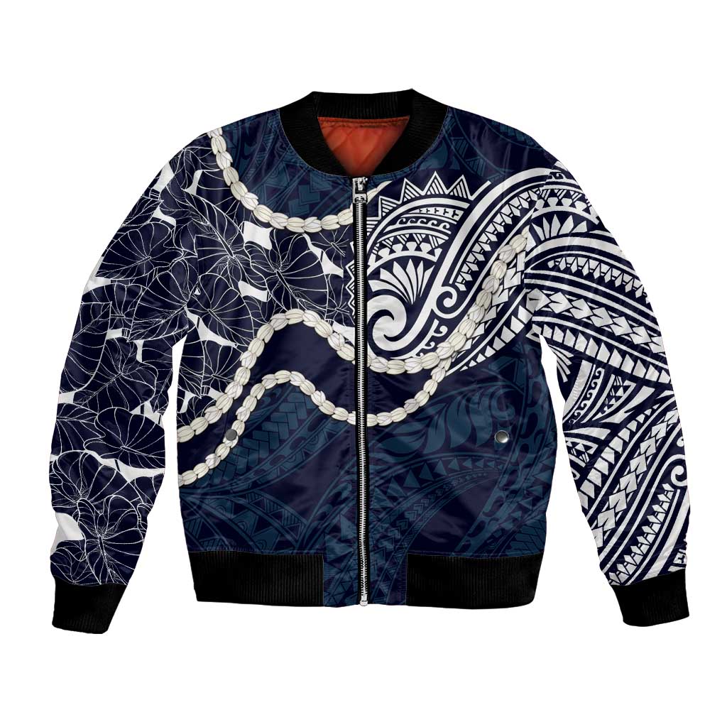 Aloha Hawaii Kalo Pikake Lei Bomber Jacket Chest Tattoo Oxford Blue Hawaiian Pattern