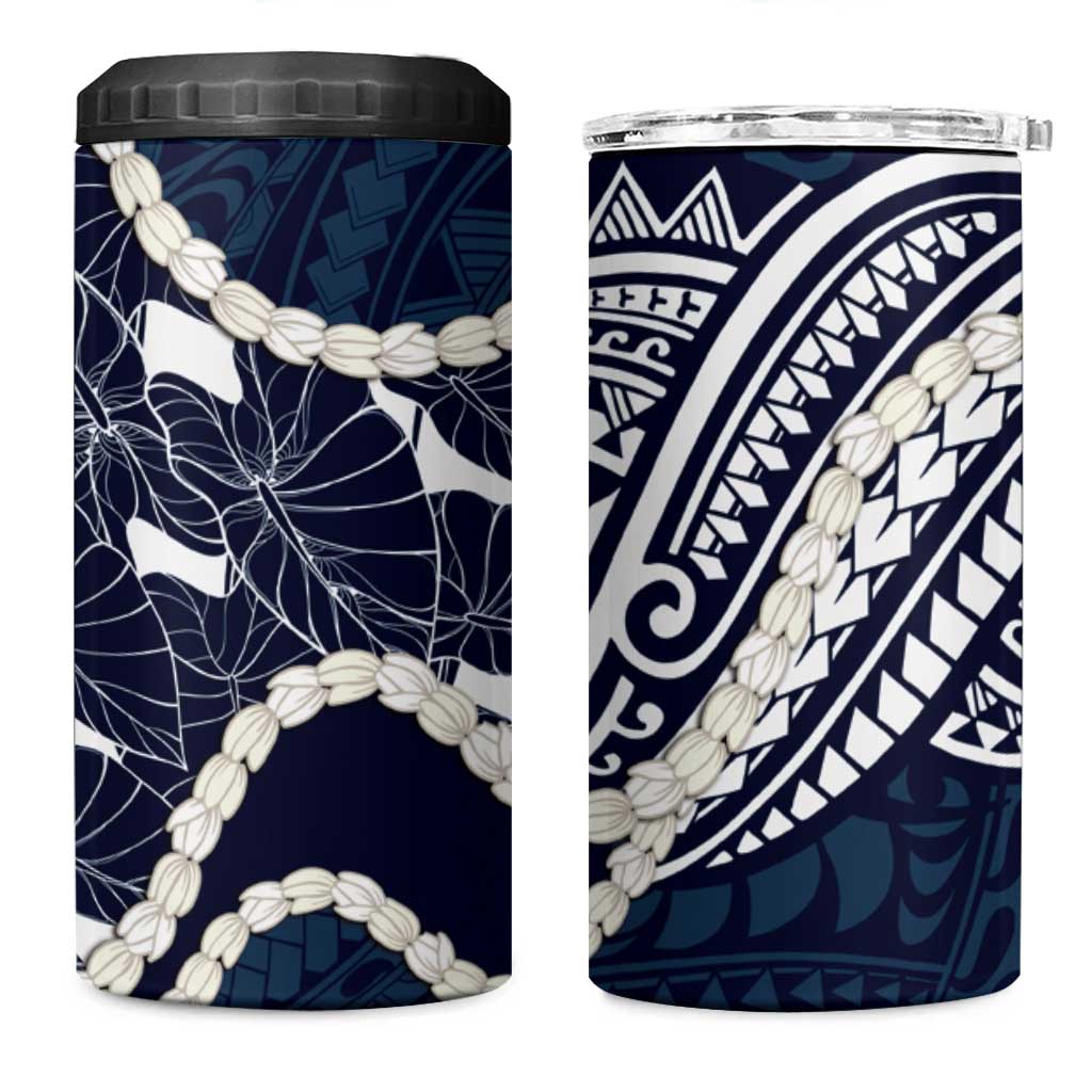 Aloha Hawaii Kalo Pikake Lei 4 in 1 Can Cooler Tumbler Chest Tattoo Oxford Blue Hawaiian Pattern