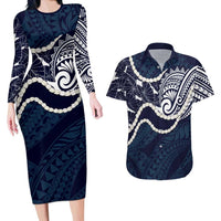 Aloha Hawaii Kalo Pikake Lei Couples Matching Long Sleeve Bodycon Dress and Hawaiian Shirt Chest Tattoo Oxford Blue Hawaiian Pattern LT14 Oxford Blue - Polynesian Pride