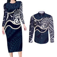 Aloha Hawaii Kalo Pikake Lei Couples Matching Long Sleeve Bodycon Dress and Long Sleeve Button Shirt Chest Tattoo Oxford Blue Hawaiian Pattern LT14 Oxford Blue - Polynesian Pride