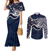 Aloha Hawaii Kalo Pikake Lei Couples Matching Mermaid Dress and Long Sleeve Button Shirt Chest Tattoo Oxford Blue Hawaiian Pattern LT14 Oxford Blue - Polynesian Pride