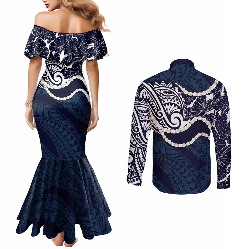 Aloha Hawaii Kalo Pikake Lei Couples Matching Mermaid Dress and Long Sleeve Button Shirt Chest Tattoo Oxford Blue Hawaiian Pattern LT14 - Polynesian Pride