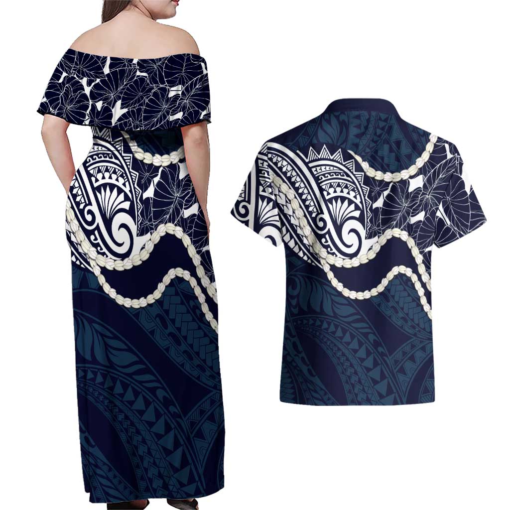Aloha Hawaii Kalo Pikake Lei Couples Matching Off Shoulder Maxi Dress and Hawaiian Shirt Chest Tattoo Oxford Blue Hawaiian Pattern LT14 - Polynesian Pride