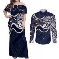 Aloha Hawaii Kalo Pikake Lei Couples Matching Off Shoulder Maxi Dress and Long Sleeve Button Shirt Chest Tattoo Oxford Blue Hawaiian Pattern