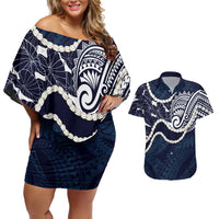 Aloha Hawaii Kalo Pikake Lei Couples Matching Off Shoulder Short Dress and Hawaiian Shirt Chest Tattoo Oxford Blue Hawaiian Pattern LT14 Oxford Blue - Polynesian Pride