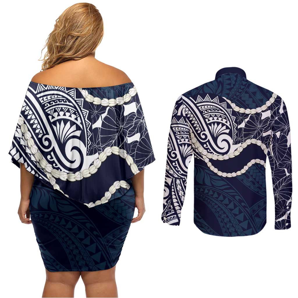 Aloha Hawaii Kalo Pikake Lei Couples Matching Off Shoulder Short Dress and Long Sleeve Button Shirt Chest Tattoo Oxford Blue Hawaiian Pattern