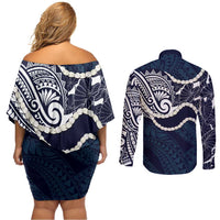 Aloha Hawaii Kalo Pikake Lei Couples Matching Off Shoulder Short Dress and Long Sleeve Button Shirt Chest Tattoo Oxford Blue Hawaiian Pattern