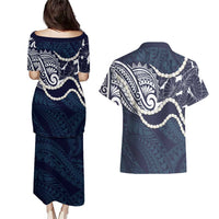 Aloha Hawaii Kalo Pikake Lei Couples Matching Puletasi and Hawaiian Shirt Chest Tattoo Oxford Blue Hawaiian Pattern