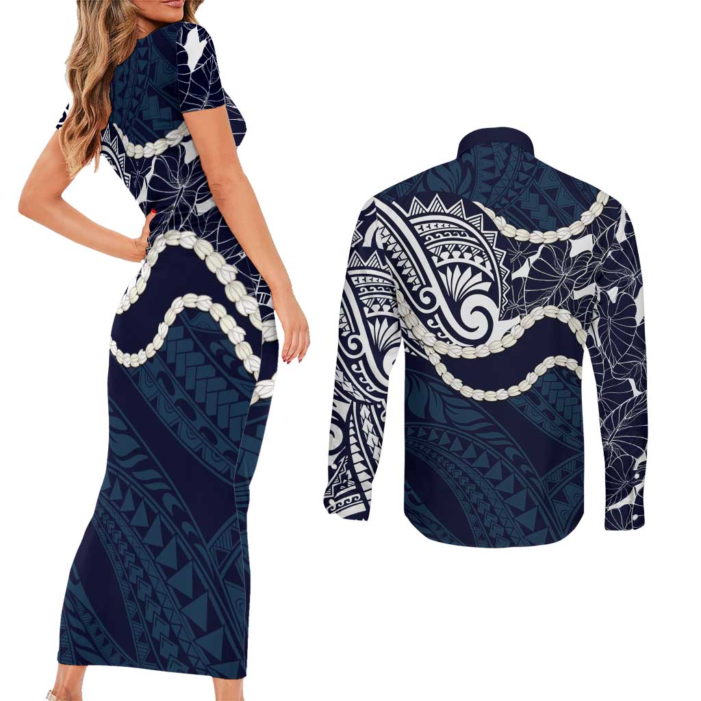 Aloha Hawaii Kalo Pikake Lei Couples Matching Short Sleeve Bodycon Dress and Long Sleeve Button Shirt Chest Tattoo Oxford Blue Hawaiian Pattern LT14 - Polynesian Pride