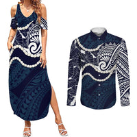 Aloha Hawaii Kalo Pikake Lei Couples Matching Summer Maxi Dress and Long Sleeve Button Shirt Chest Tattoo Oxford Blue Hawaiian Pattern