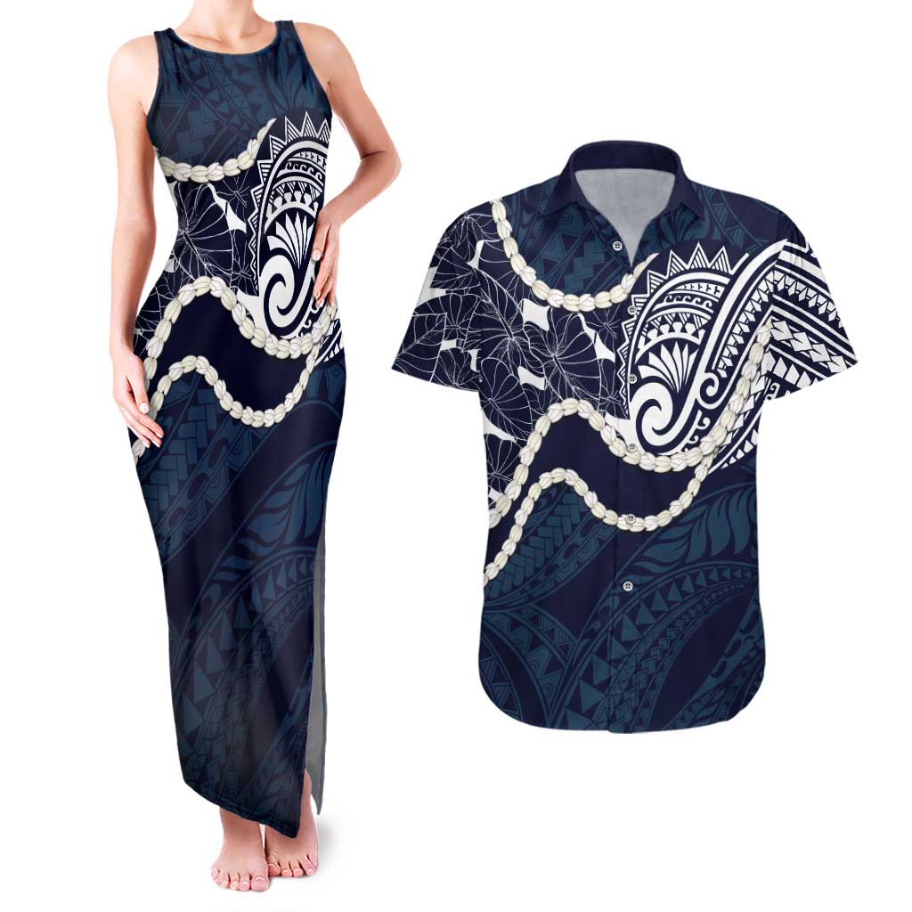 Aloha Hawaii Kalo Pikake Lei Couples Matching Tank Maxi Dress and Hawaiian Shirt Chest Tattoo Oxford Blue Hawaiian Pattern LT14 Oxford Blue - Polynesian Pride