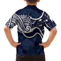 Aloha Hawaii Kalo Pikake Lei Family Matching Long Sleeve Bodycon Dress and Hawaiian Shirt Chest Tattoo Oxford Blue Hawaiian Pattern LT14 - Polynesian Pride