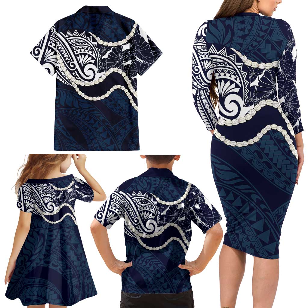 Aloha Hawaii Kalo Pikake Lei Family Matching Long Sleeve Bodycon Dress and Hawaiian Shirt Chest Tattoo Oxford Blue Hawaiian Pattern LT14 - Polynesian Pride