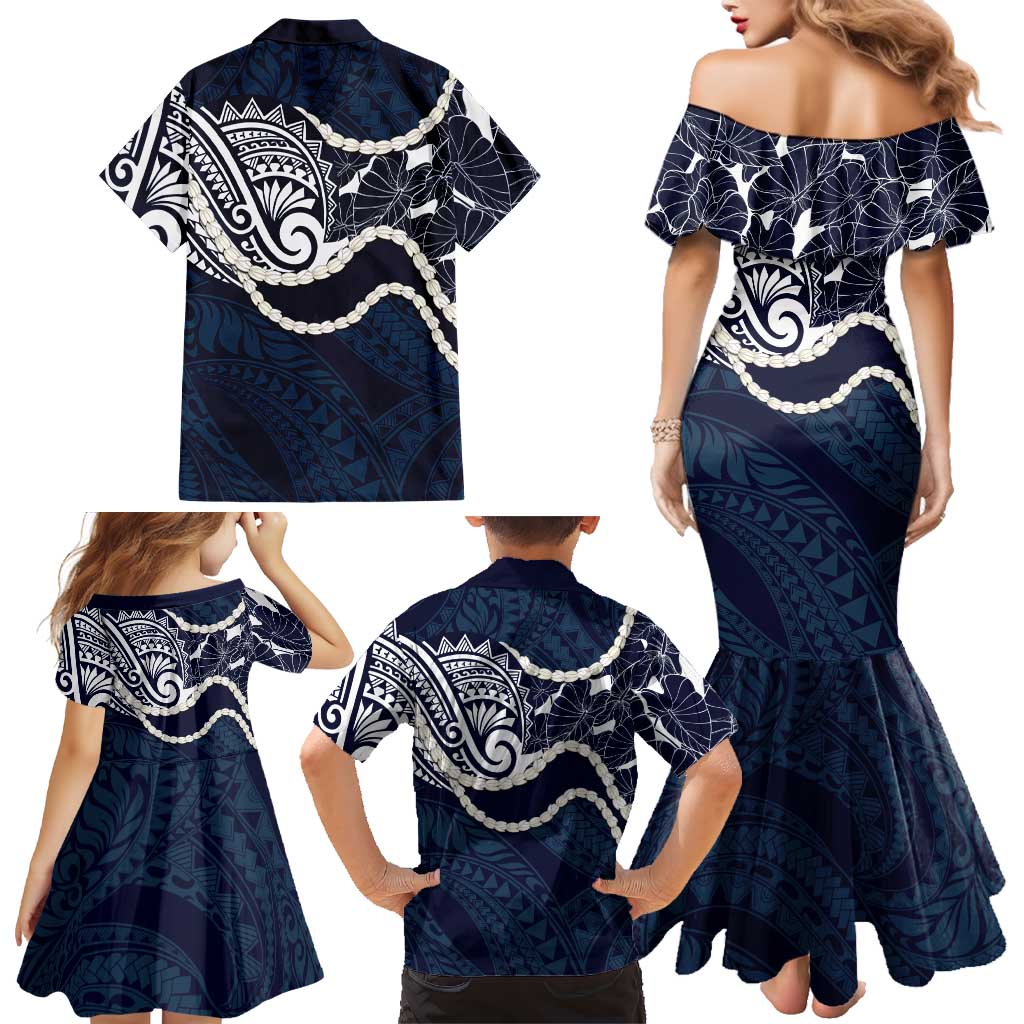 Aloha Hawaii Kalo Pikake Lei Family Matching Mermaid Dress and Hawaiian Shirt Chest Tattoo Oxford Blue Hawaiian Pattern LT14 - Polynesian Pride